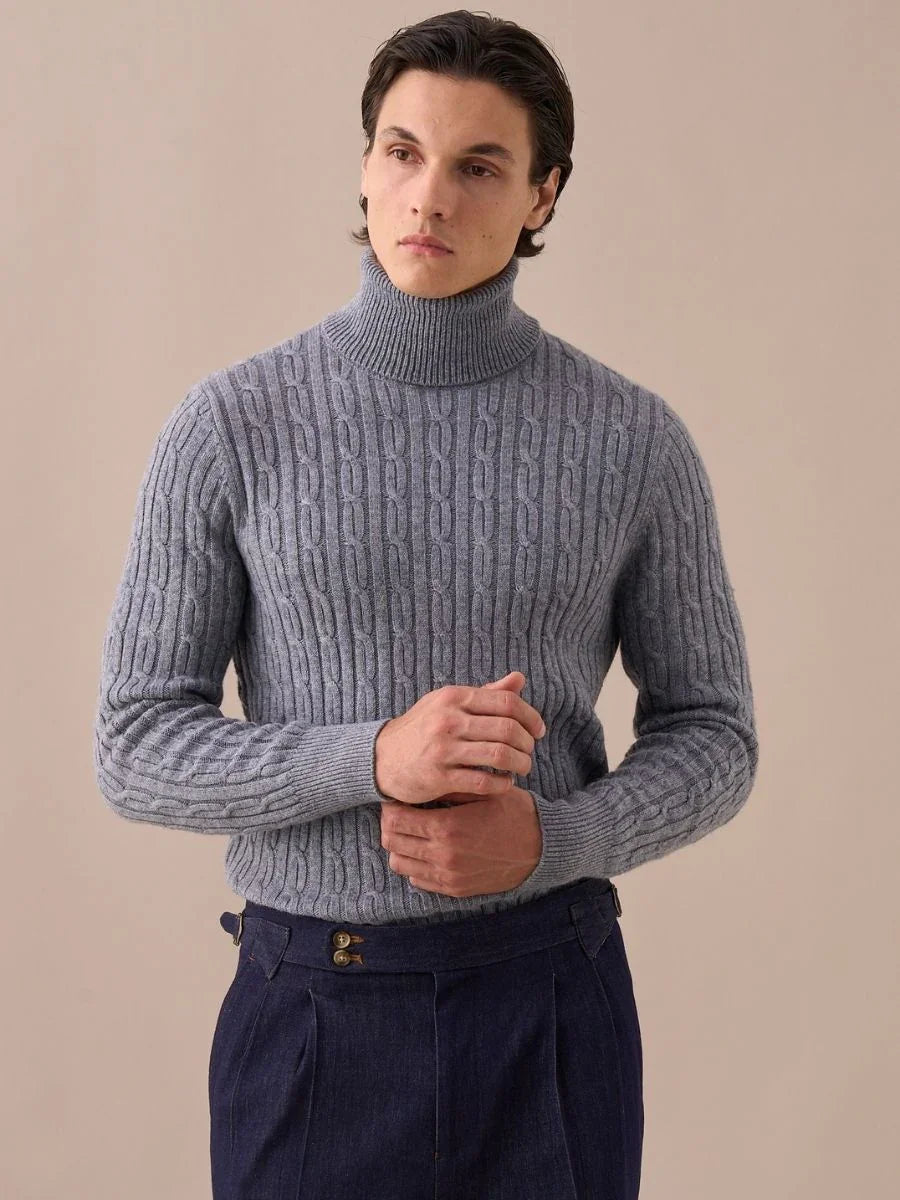 Cable-Knit Turtleneck Wool Sweater