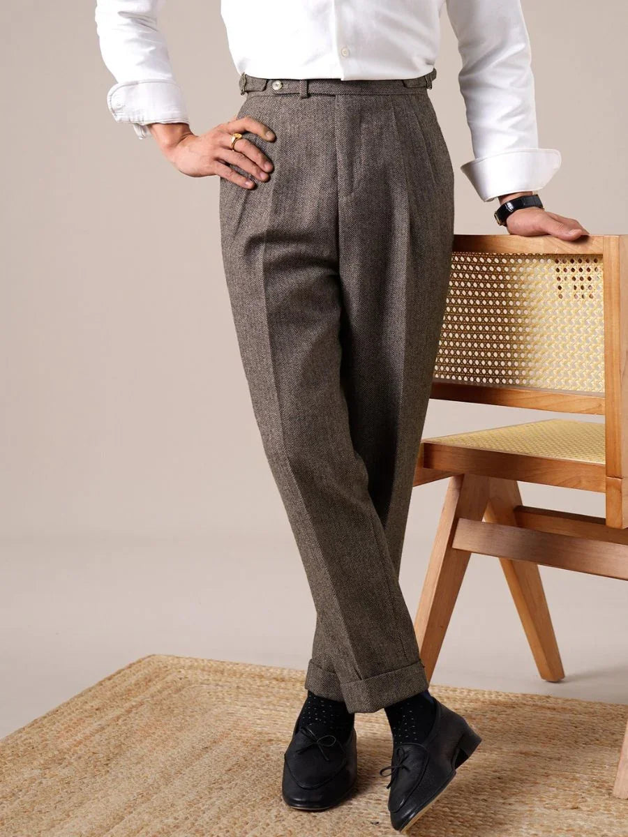 Marini Milano High Waisted Double Pleated Herringbone Wool Pants