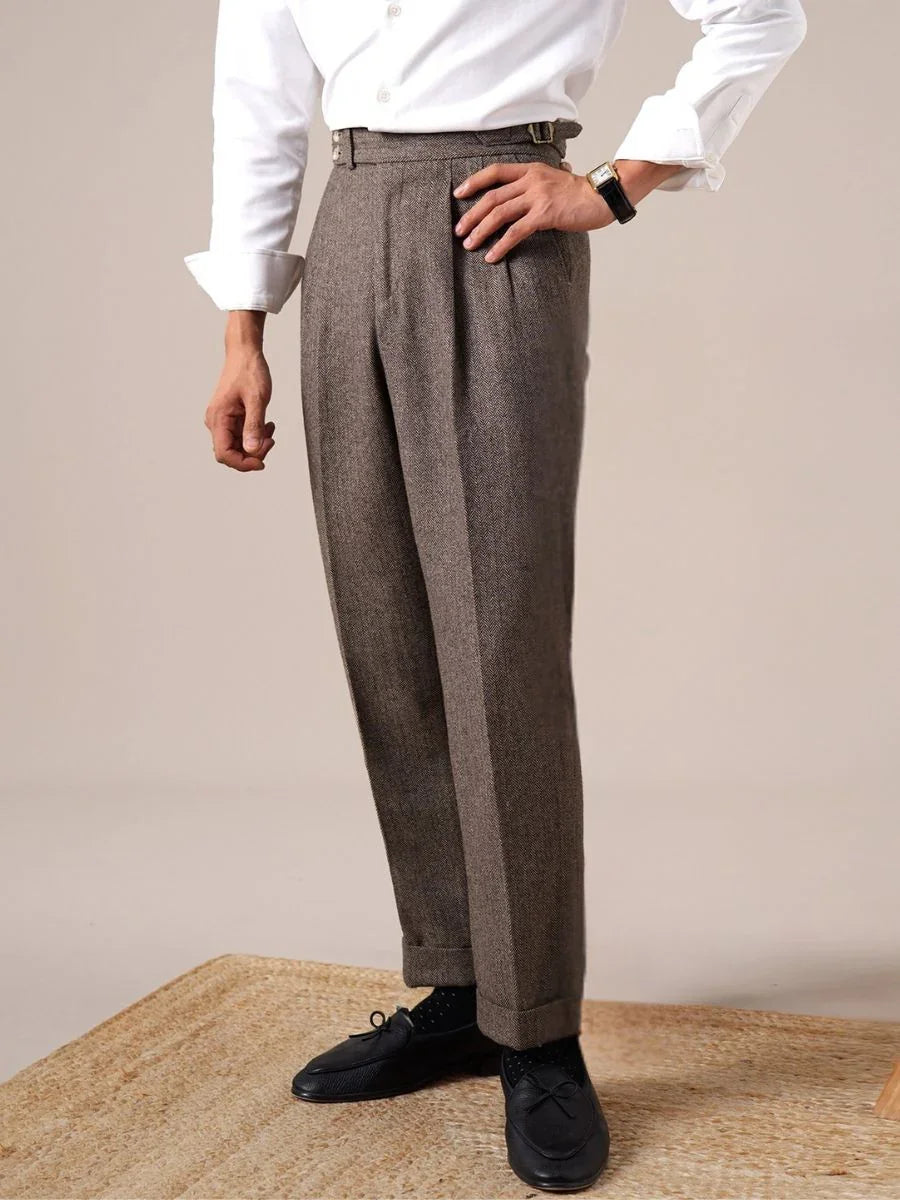 Marini Milano High Waisted Double Pleated Herringbone Wool Pants