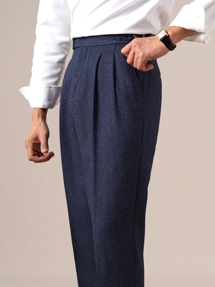Marini Milano High Waisted Double Pleated Herringbone Wool Pants