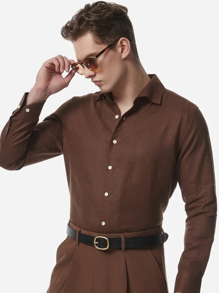 100% Linen V-Neck Business Casual Long Sleeve Shirt