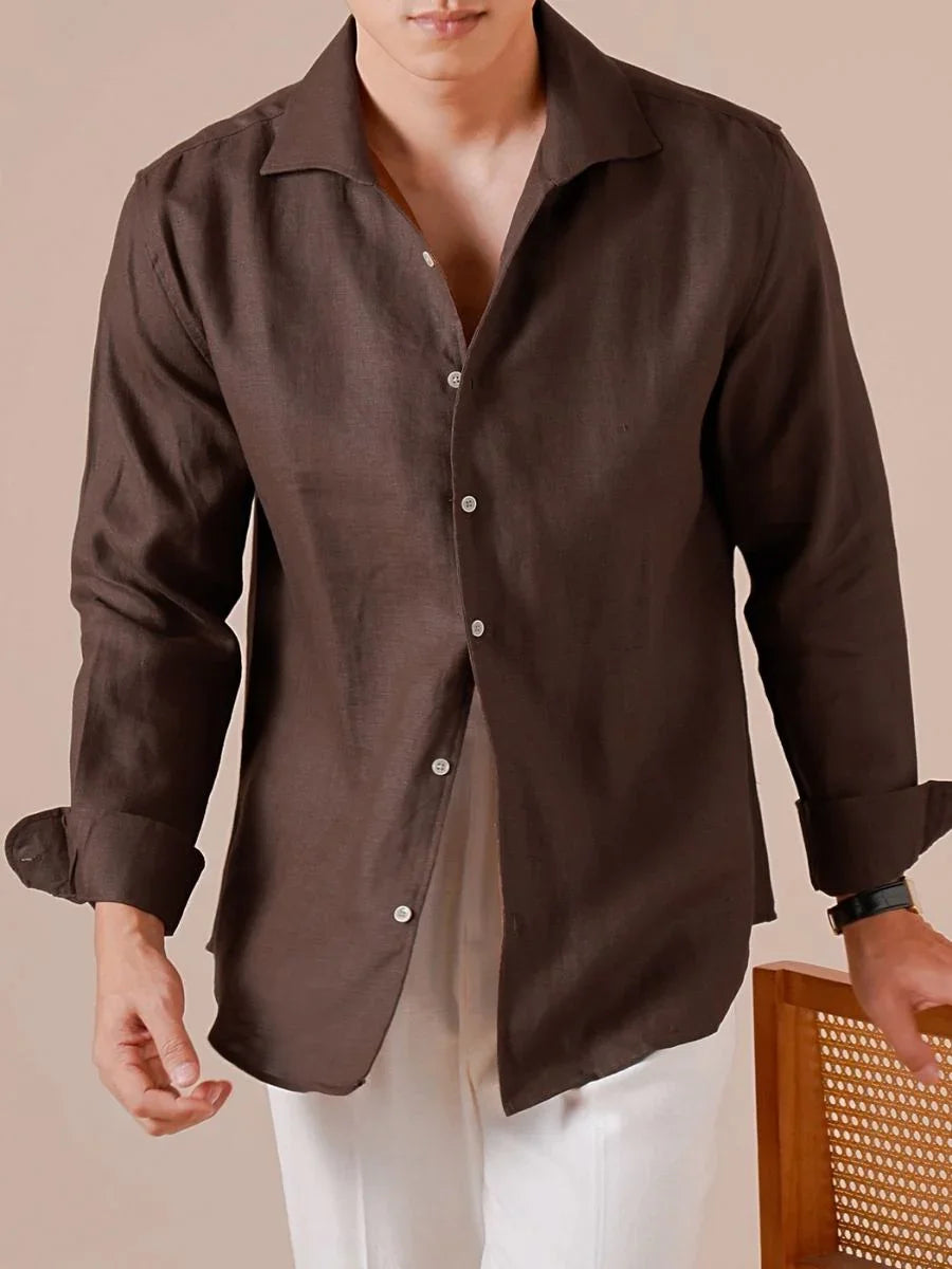 100% Linen V-Neck Business Casual Long Sleeve Shirt