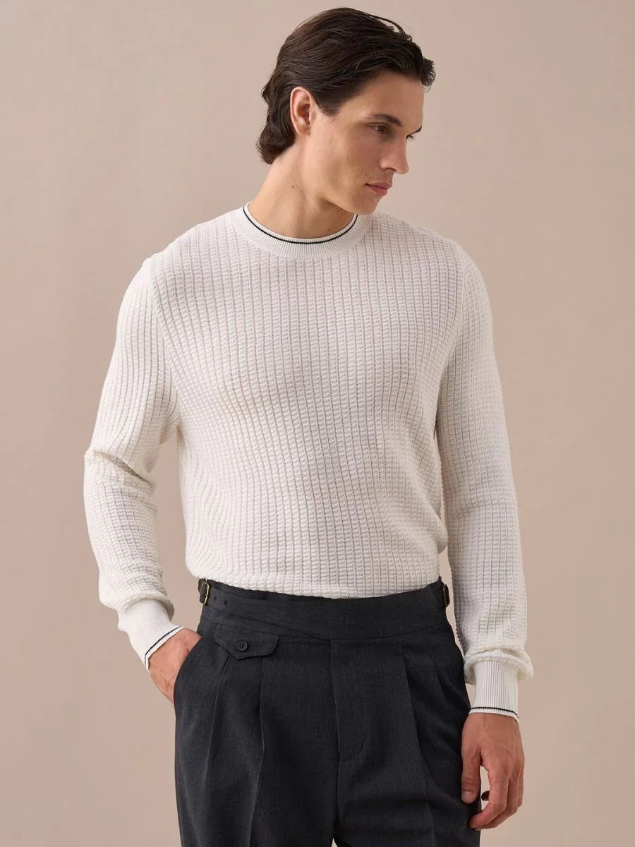 Contrast Trim Waffle-Knit Sweater
