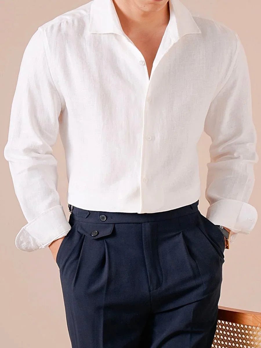 100% Linen V-Neck Business Casual Long Sleeve Shirt