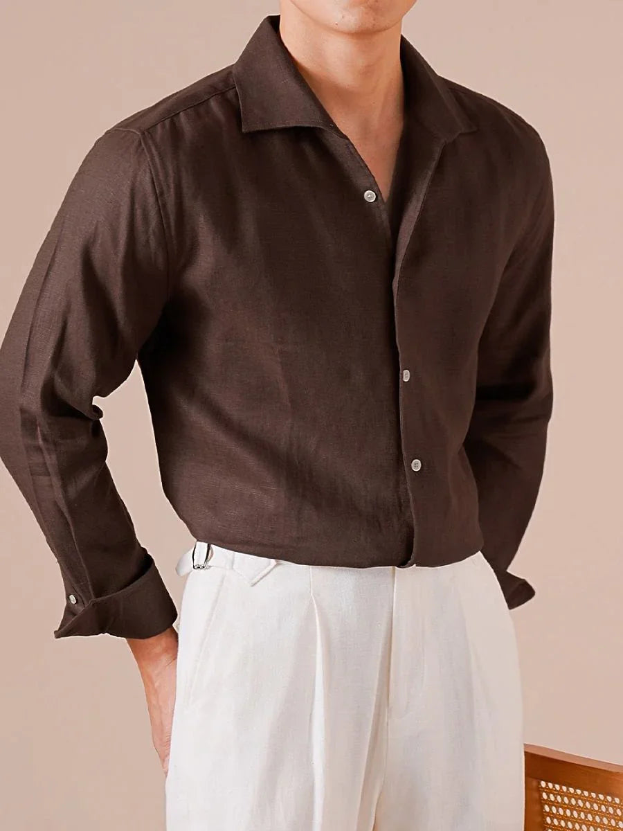 100% Linen V-Neck Business Casual Long Sleeve Shirt