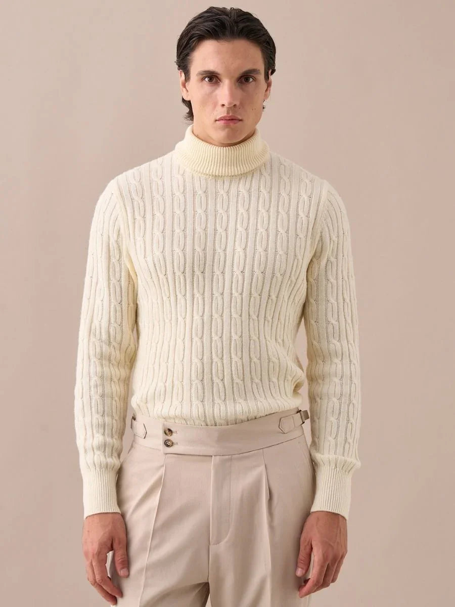 Cable-Knit Turtleneck Wool Sweater