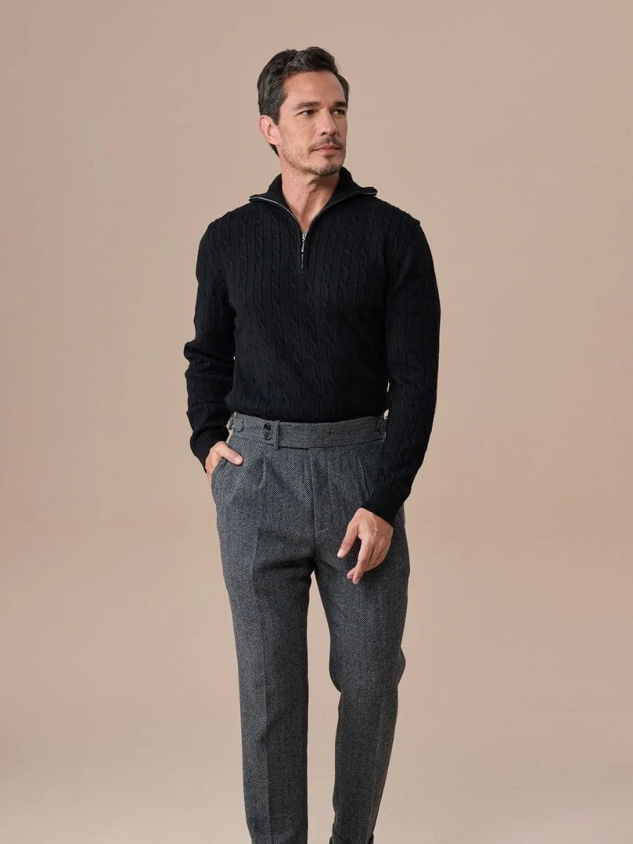 Marini Verona High Waisted Pleated Herringbone Wool Pants