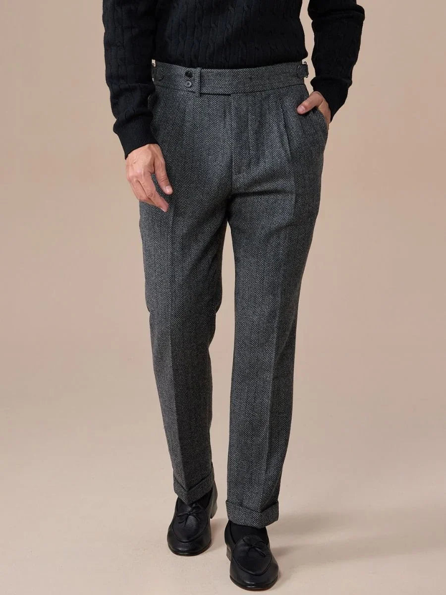 Marini Verona High Waisted Pleated Herringbone Wool Pants