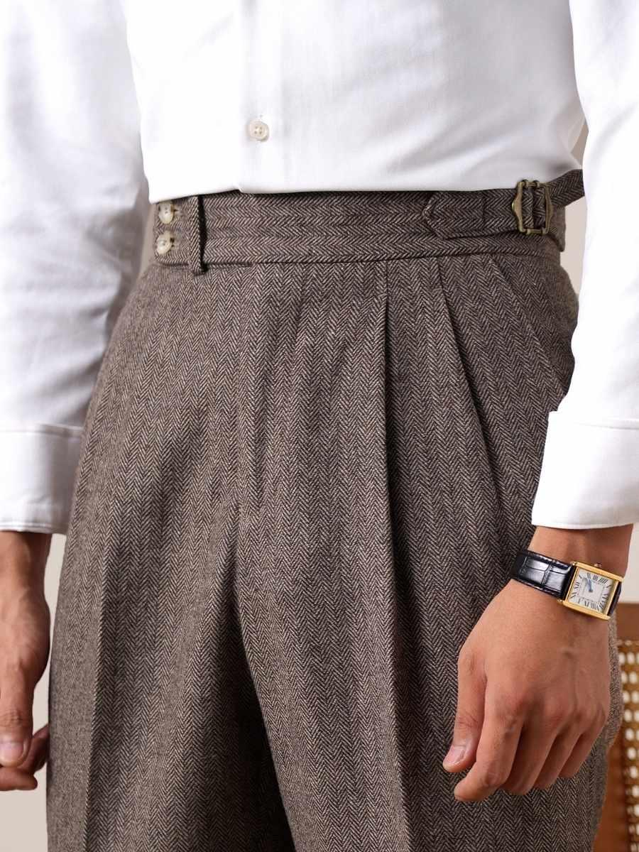 Marini Milano High Waisted Double Pleated Herringbone Wool Pants