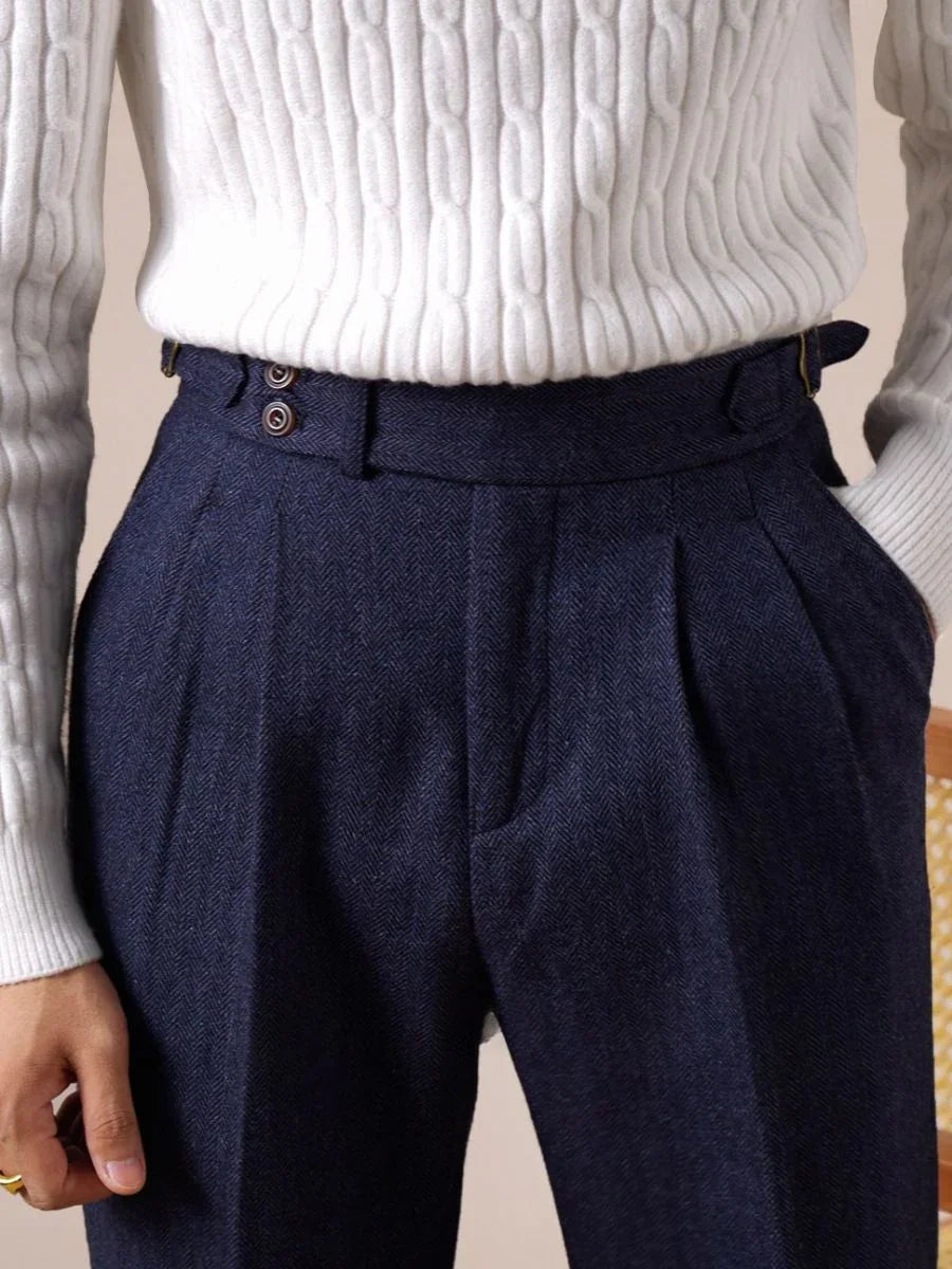 Marini Milano High Waisted Double Pleated Herringbone Wool Pants