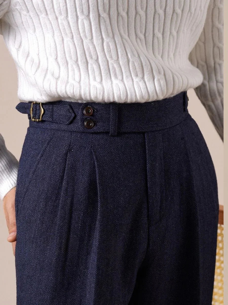 Marini Milano High Waisted Double Pleated Herringbone Wool Pants