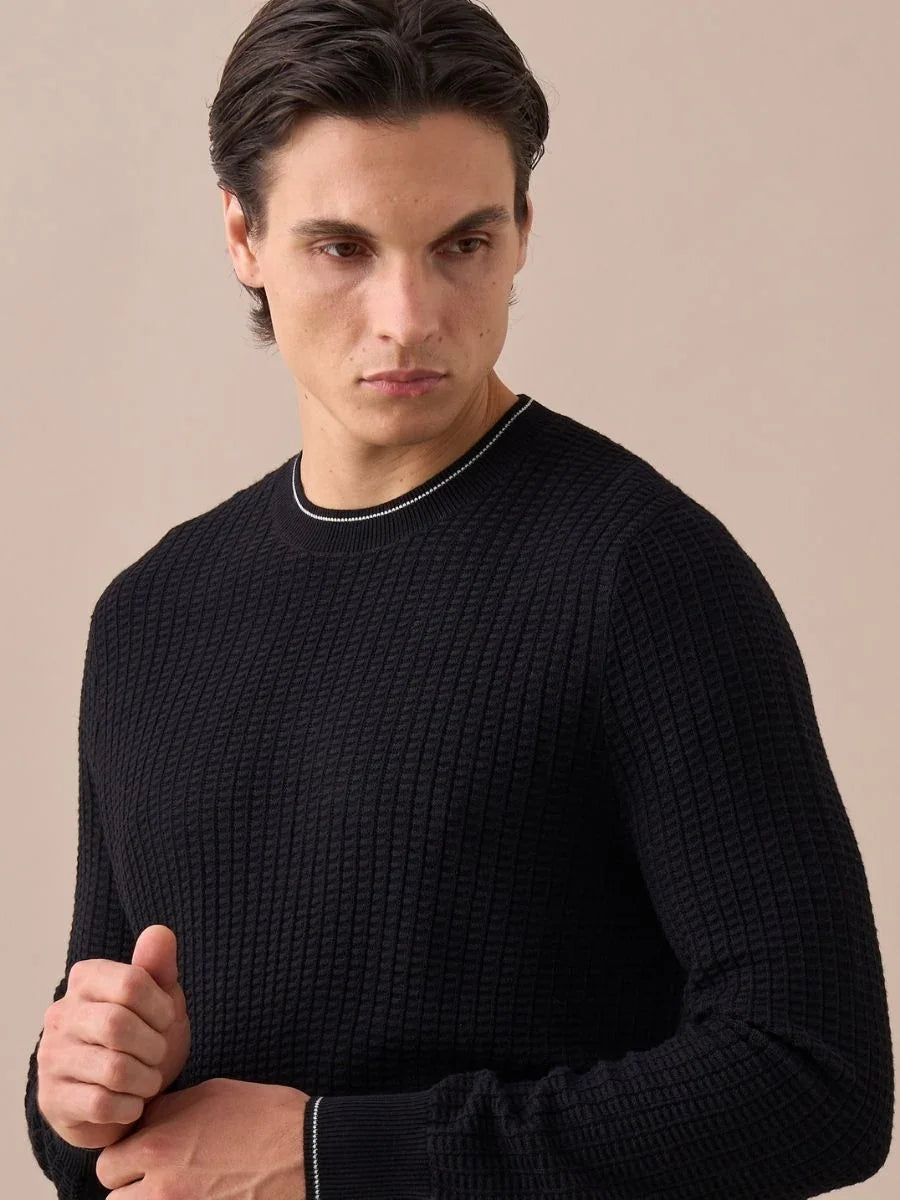Contrast Trim Waffle-Knit Sweater