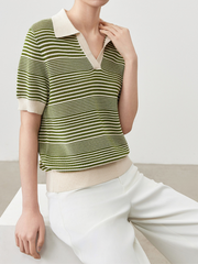 Striped Knit Polo Collar Short Sleeve Tee