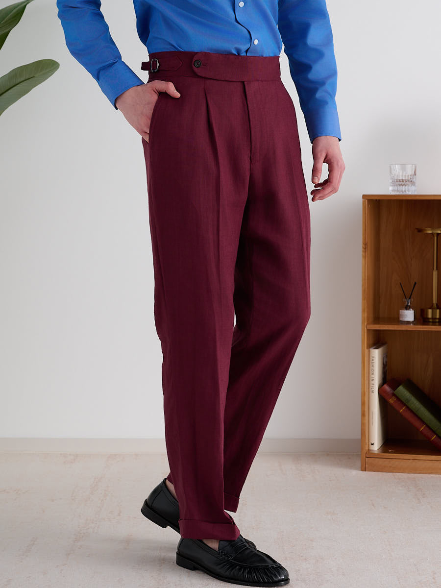 Marini Amalfi High Waisted Pleated Linen Pants - Bordeaux