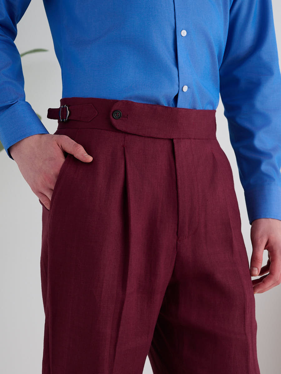Marini Amalfi High Waisted Pleated Linen Pants - Bordeaux