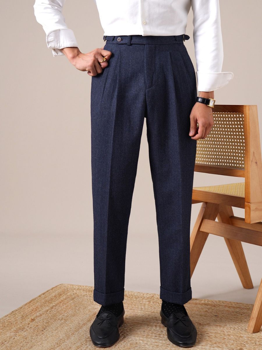 Marini Milano High Waisted Double Pleated Herringbone Wool Pants