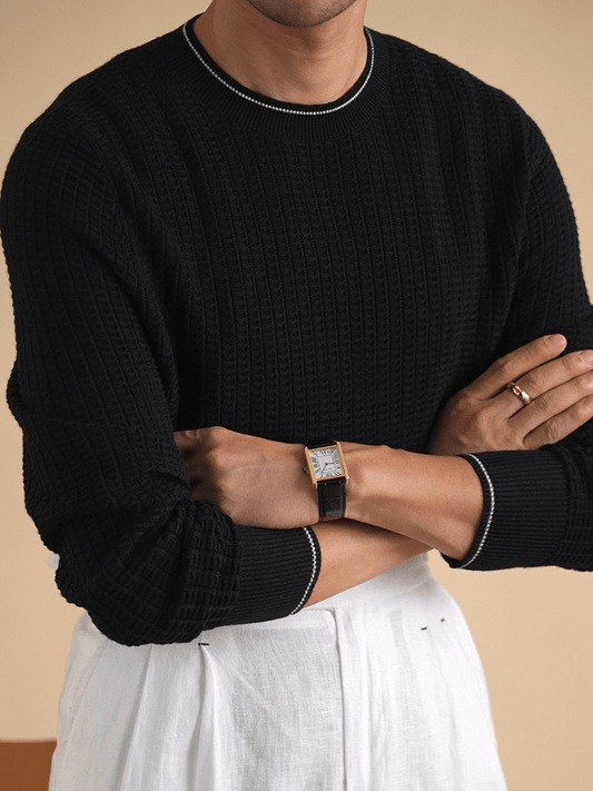 Contrast Trim Waffle-Knit Sweater