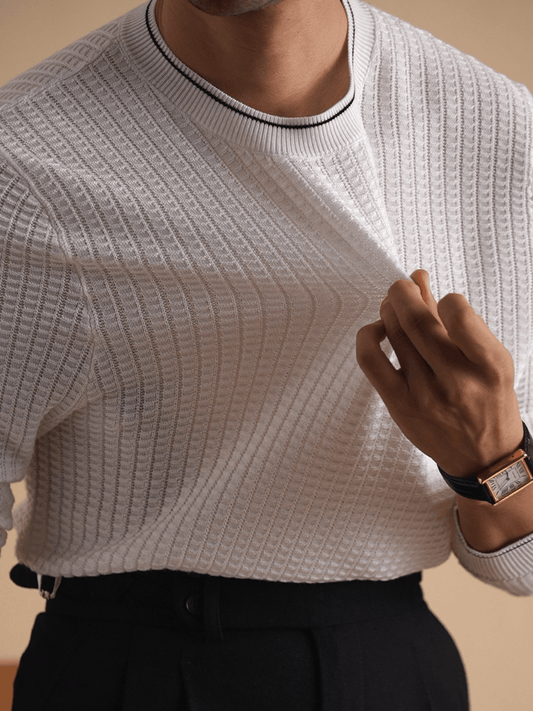 Contrast Trim Waffle-Knit Sweater