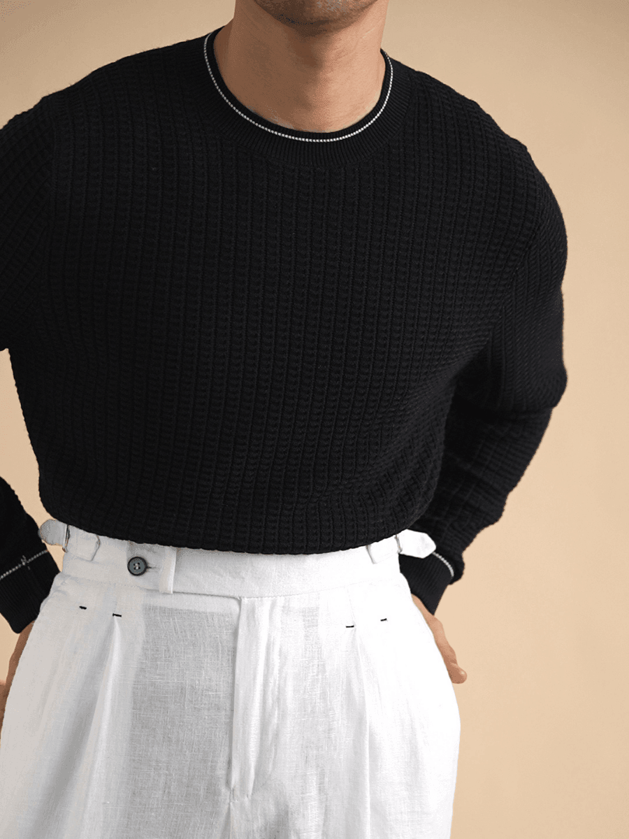 Contrast Trim Waffle-Knit Sweater