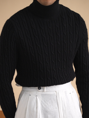 Cable-Knit Turtleneck Wool Sweater