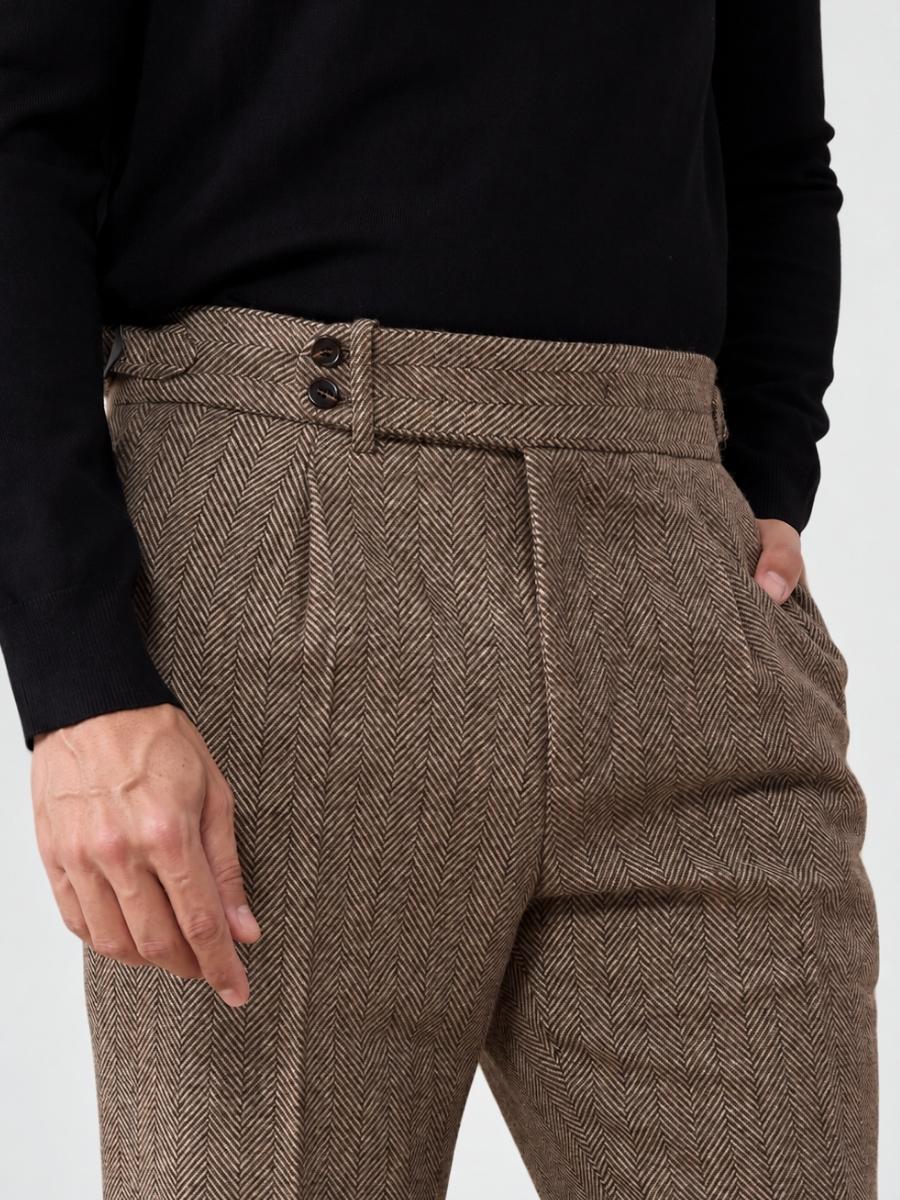 Marini Verona High Waisted Pleated Herringbone Wool Pants