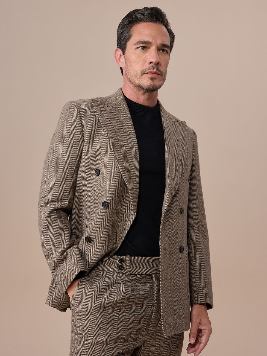 Marini Verona Double Breasted Herringbone Wool Blazer