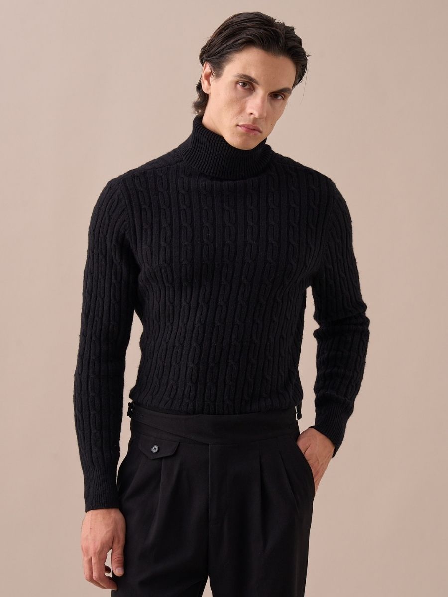 Cable-Knit Turtleneck Wool Sweater