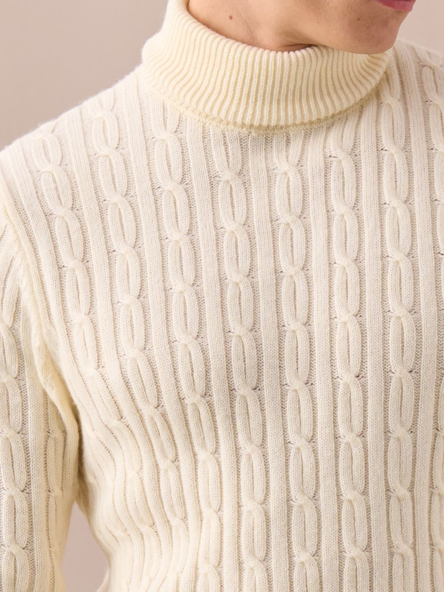 Cable-Knit Turtleneck Wool Sweater