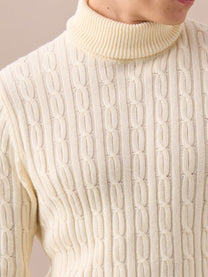 Cable-Knit Turtleneck Wool Sweater