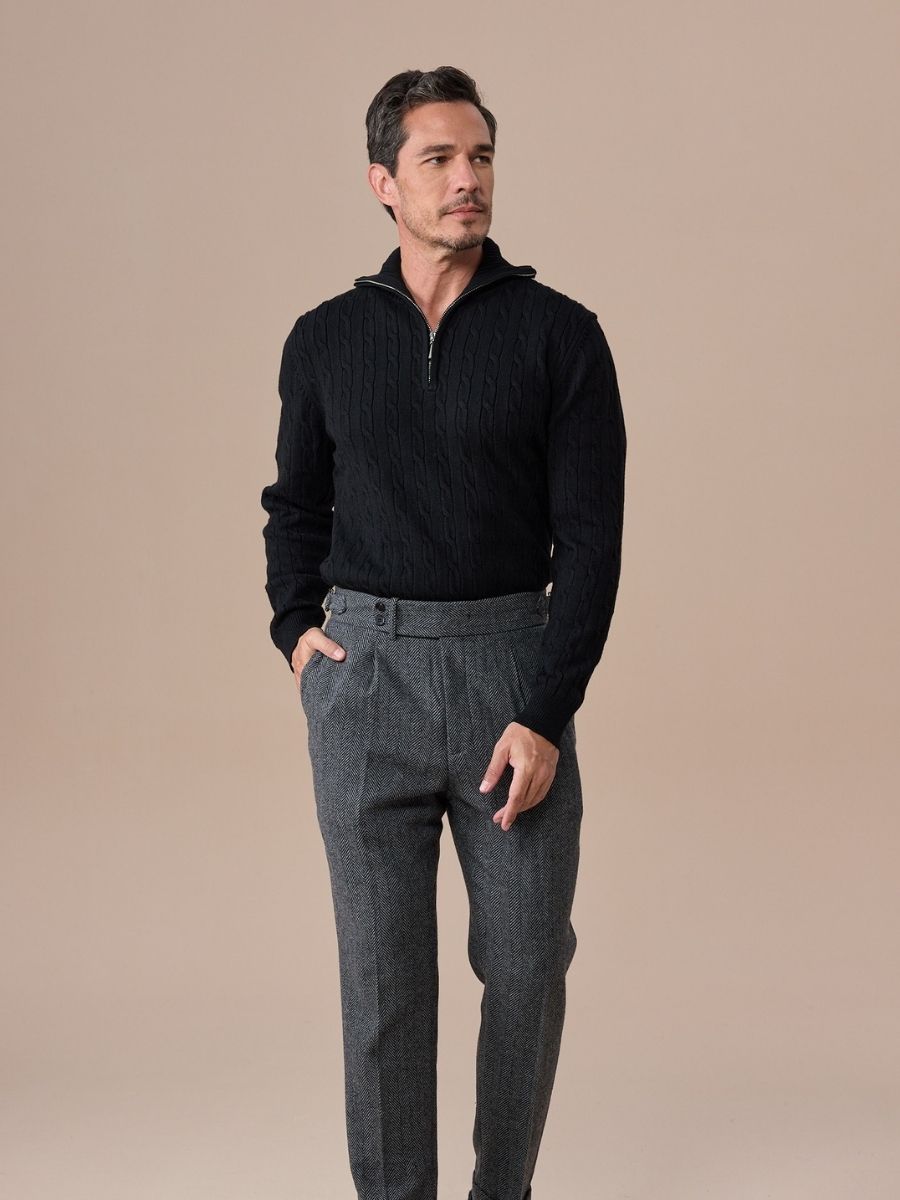 Marini Verona High Waisted Pleated Herringbone Wool Pants