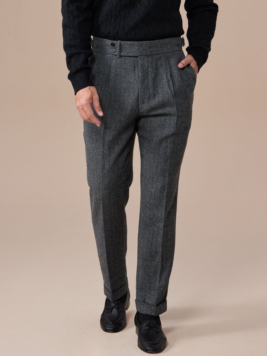 Marini Verona High Waisted Pleated Herringbone Wool Pants