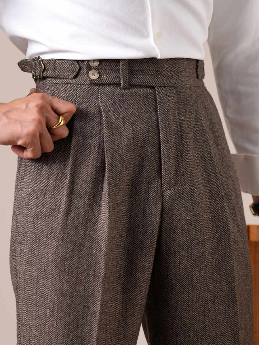 Marini Milano High Waisted Double Pleated Herringbone Wool Pants