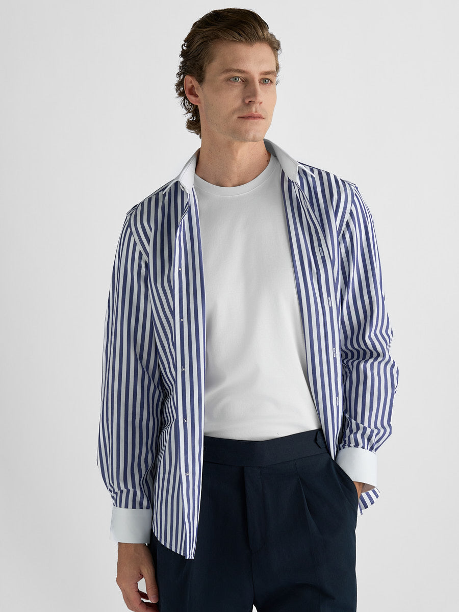 Marini Navy Stripe No-Iron Contrast Collar Shirt