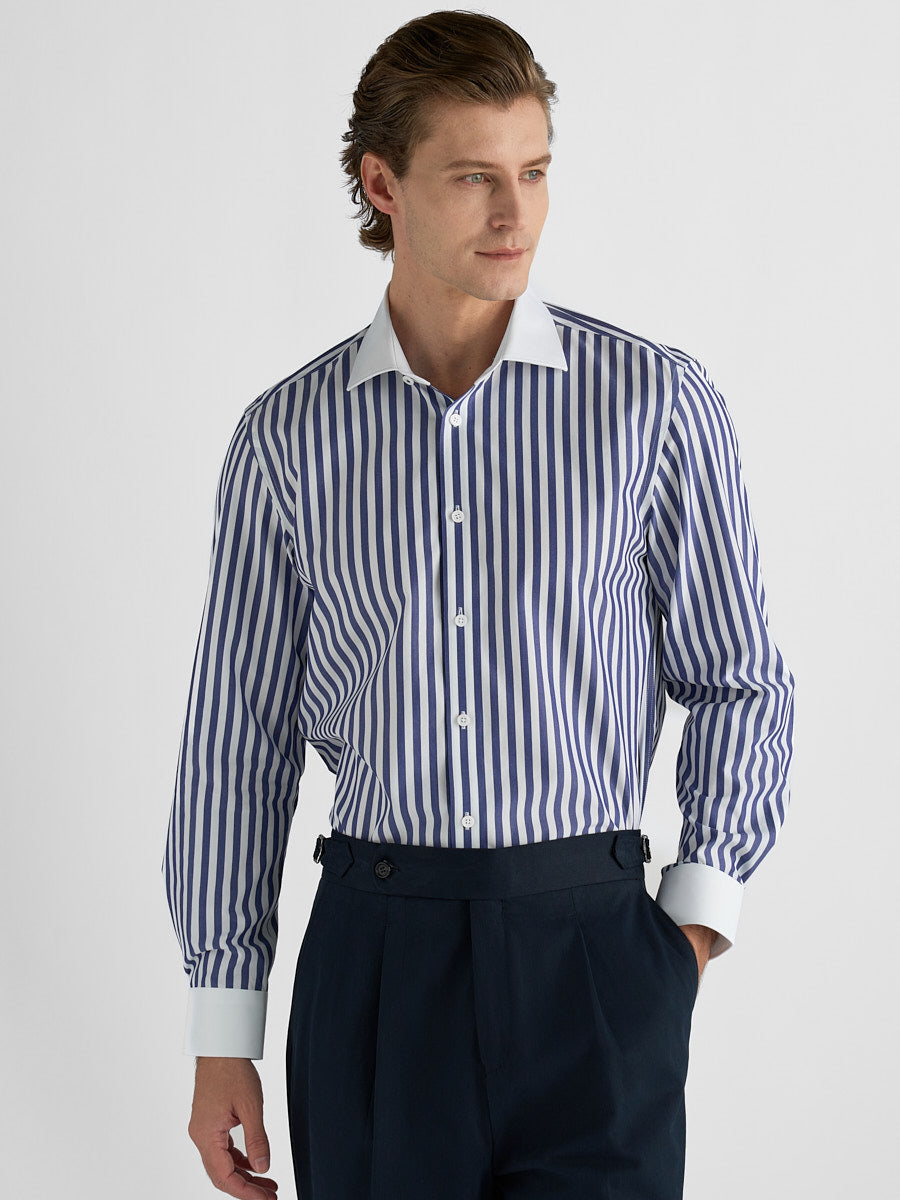 Marini Navy Stripe No-Iron Contrast Collar Shirt