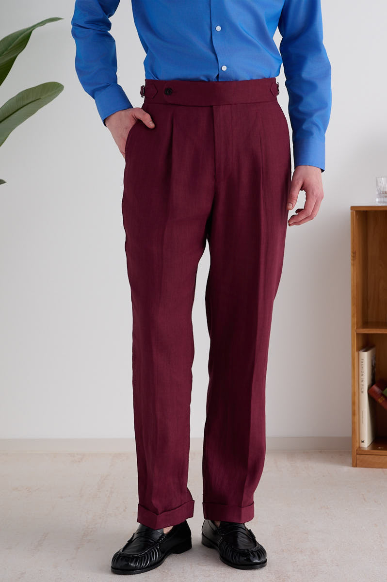 Marini Amalfi High Waisted Pleated Linen Pants - Bordeaux