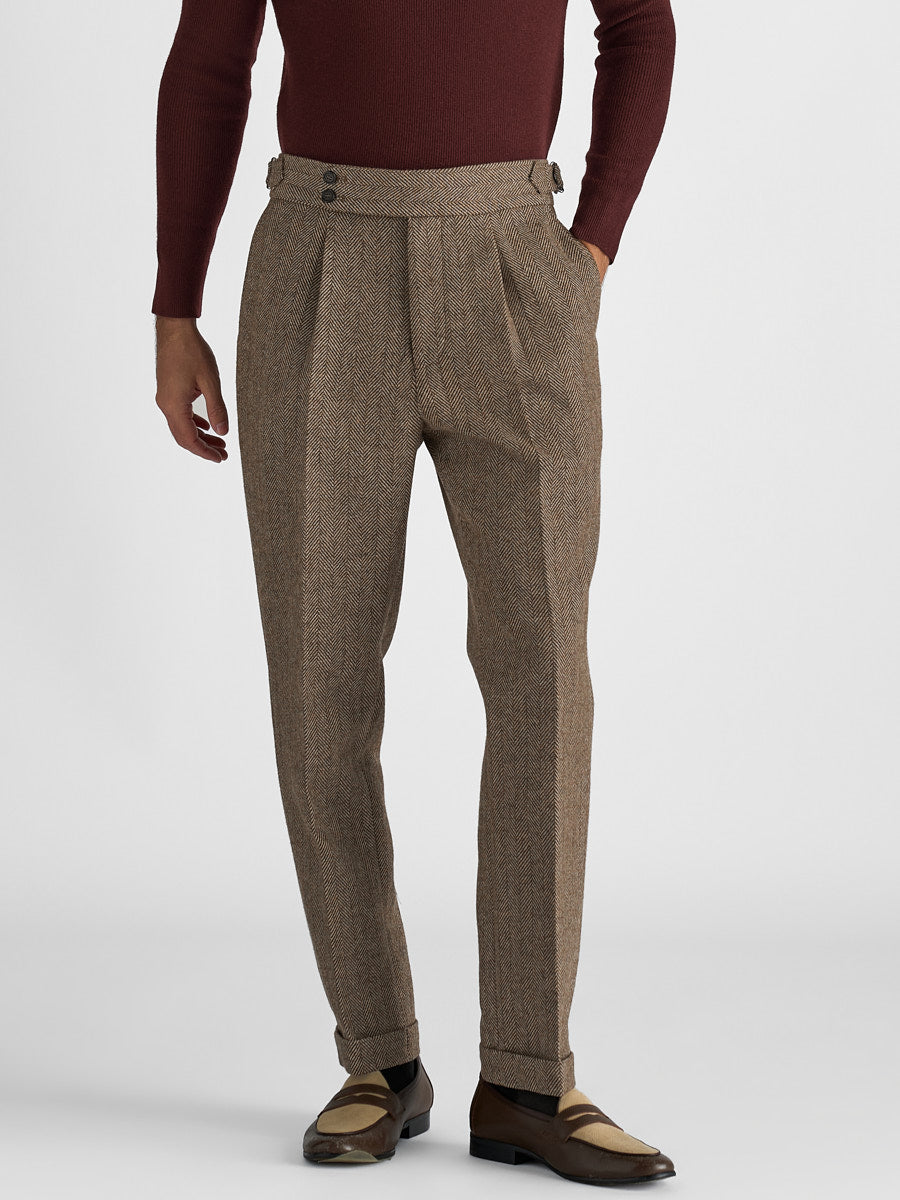 Marini Verona High Waisted Pleated Herringbone Wool Pants