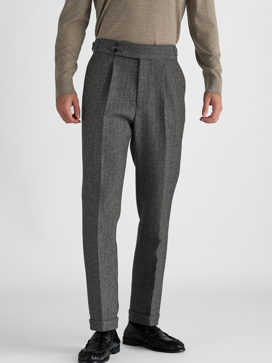 Marini Verona High Waisted Pleated Herringbone Wool Pants