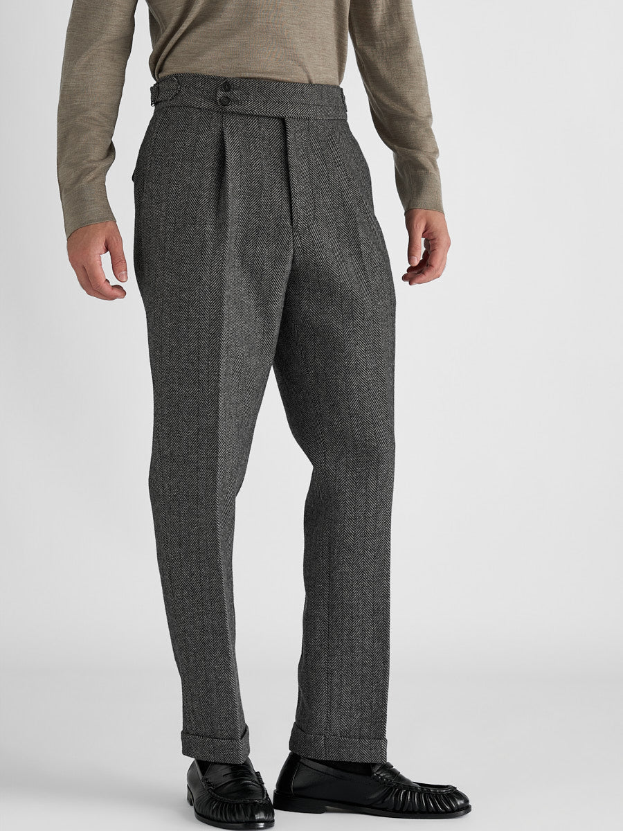 Marini Verona High Waisted Pleated Herringbone Wool Pants
