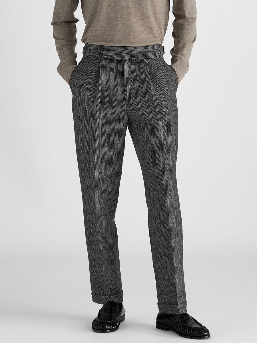 Marini Verona High Waisted Pleated Herringbone Wool Pants