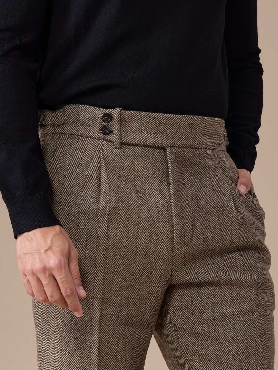 Marini Verona High Waisted Pleated Herringbone Wool Pants