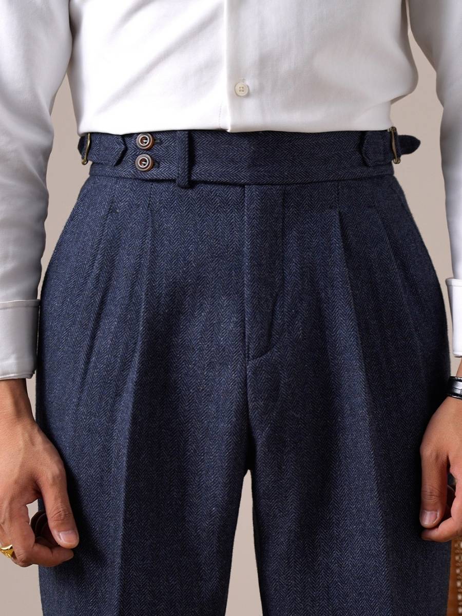 Marini Milano High Waisted Double Pleated Herringbone Wool Pants