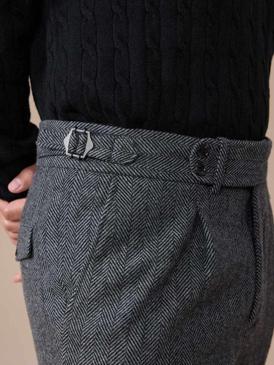 Marini Verona High Waisted Pleated Herringbone Wool Pants