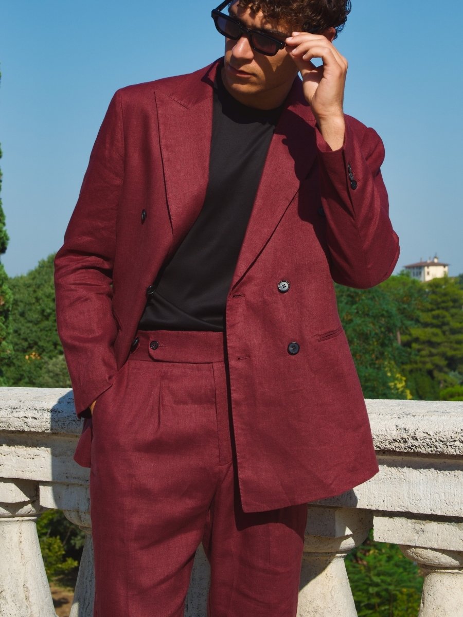 Marini Amalfi Double Breasted Linen Jacket - Bordeaux