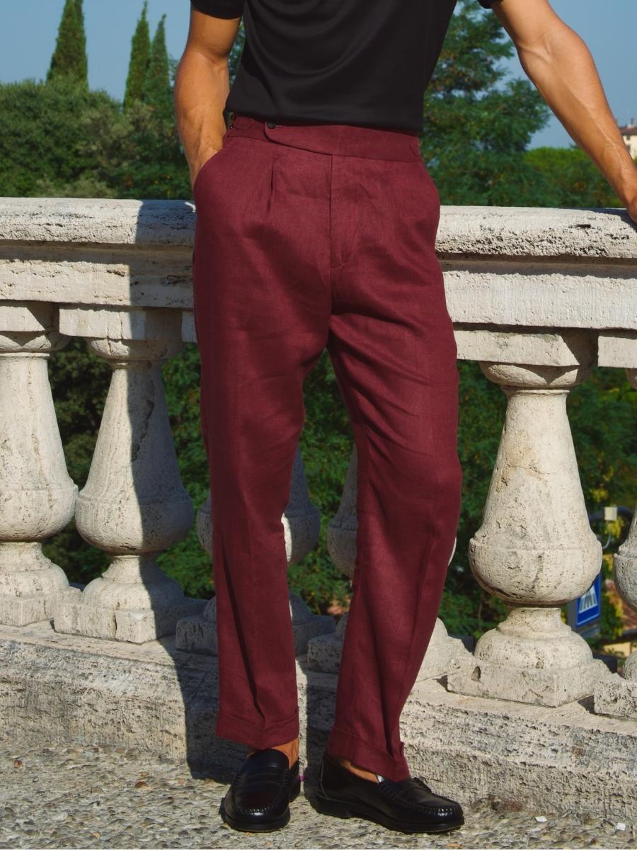 Marini Amalfi High Waisted Pleated Linen Pants - Bordeaux