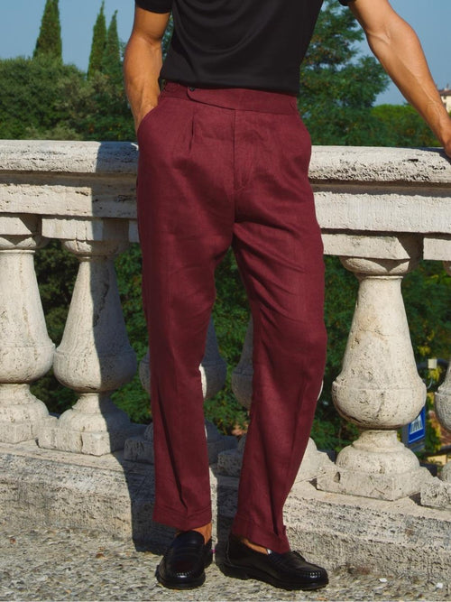 Marini Amalfi High Waisted Pleated Linen Pants - Bordeaux - Bordeaux / 29