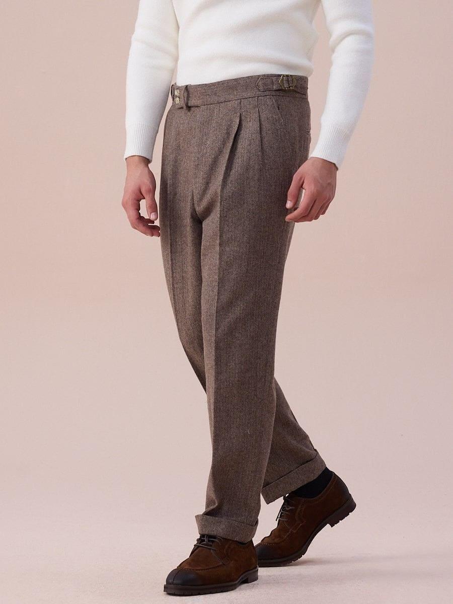 Marini Milano High Waisted Double Pleated Herringbone Wool Pants