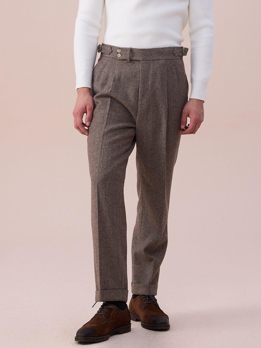 Marini Milano High Waisted Double Pleated Herringbone Wool Pants