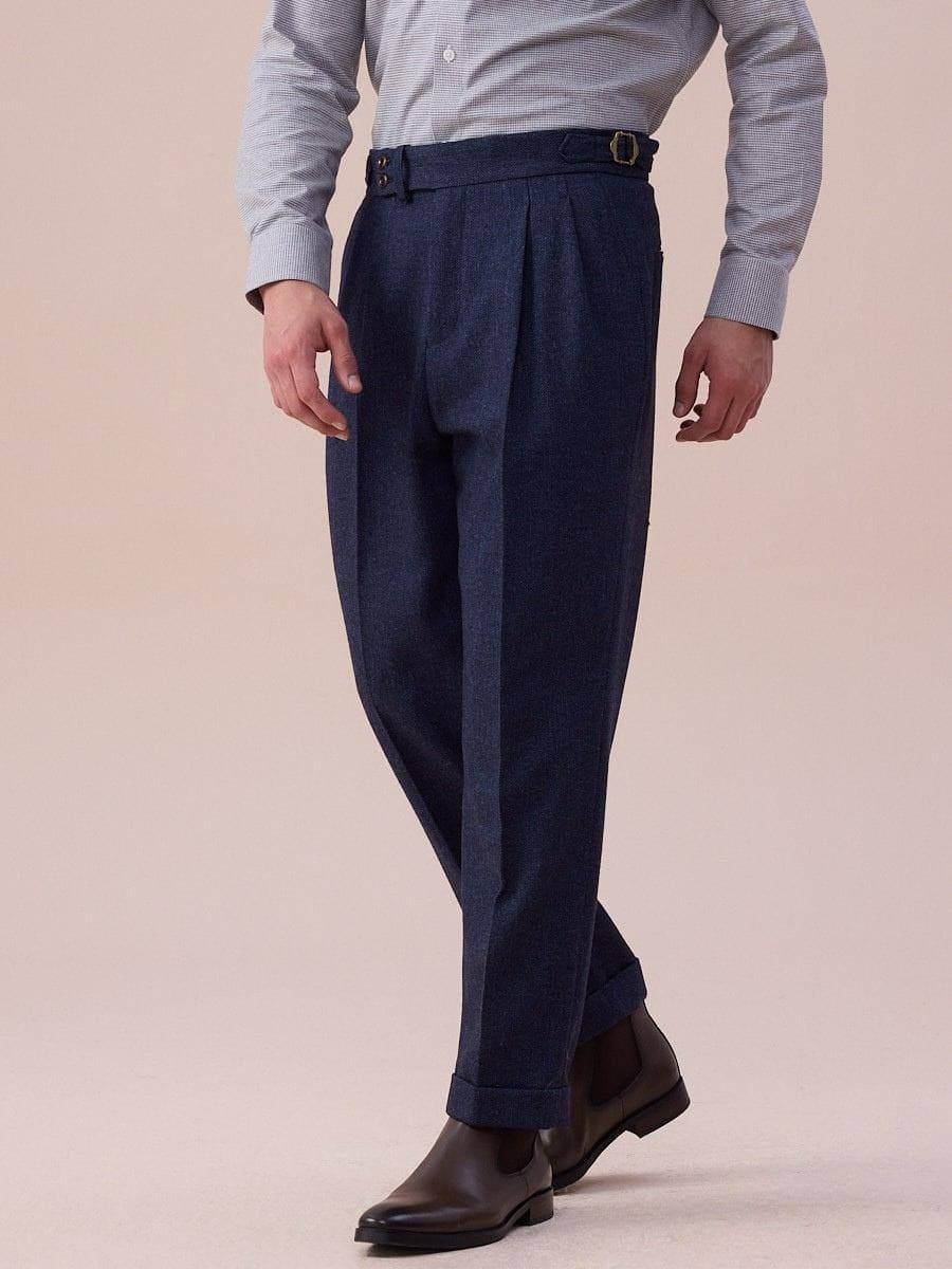 Marini Milano High Waisted Double Pleated Herringbone Wool Pants