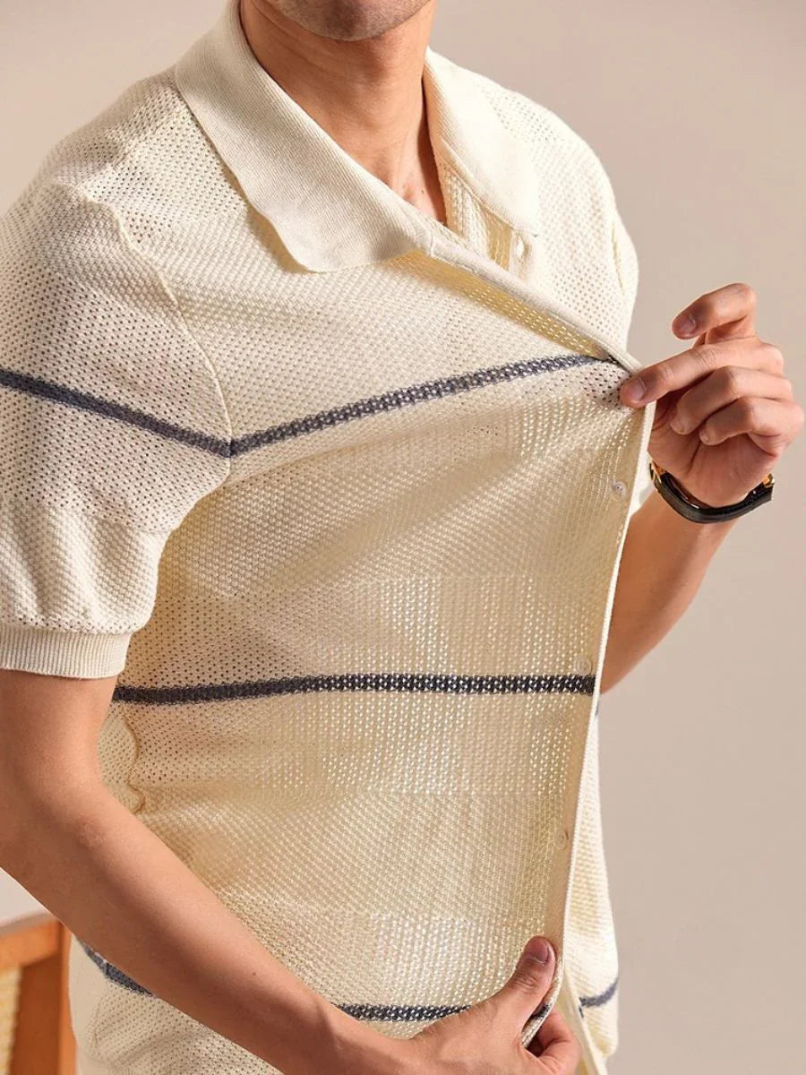 Marini Striped Linen-Cotton Polo Cardigan