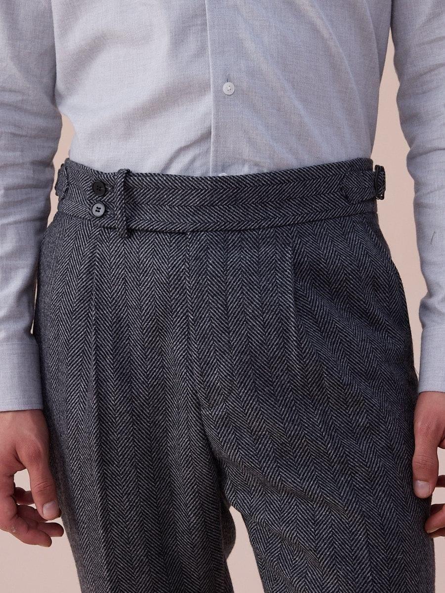 Marini Verona High Waisted Pleated Herringbone Wool Pants